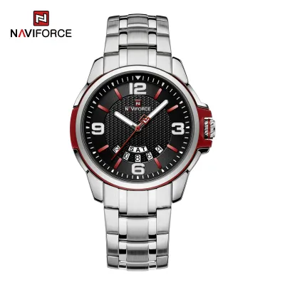 NAVIFORCE 9215 Men Wristwatch Top Brand Luxury Waterproof Watch Original Stainless Steel Sport Military Quartz Male Clock - Silver Black Red